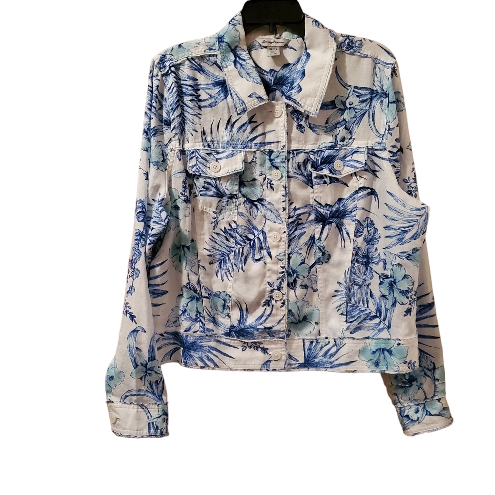 Tommy Bahama White and Blue Tropical Print Two Palms Jacket